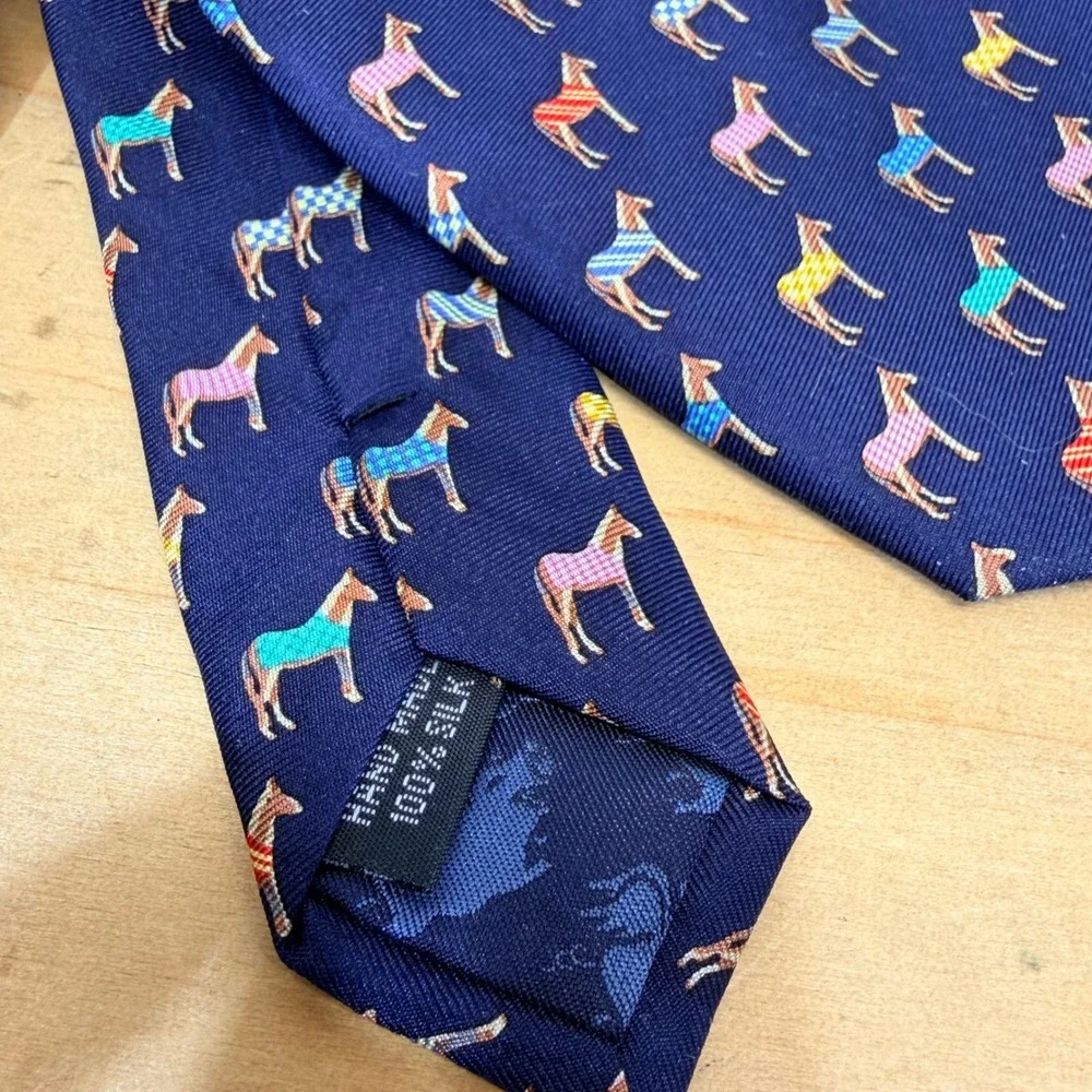 Alynn Silk‎ Necktie One Size Navy Blue Horse Blankets Equestrian Print NWT